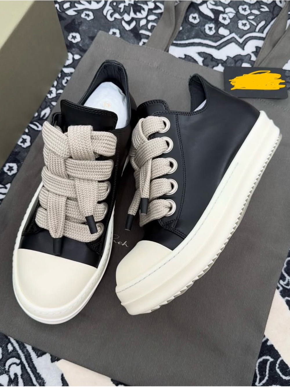 Rick Owens Black and Cream Low-Top Sneakers